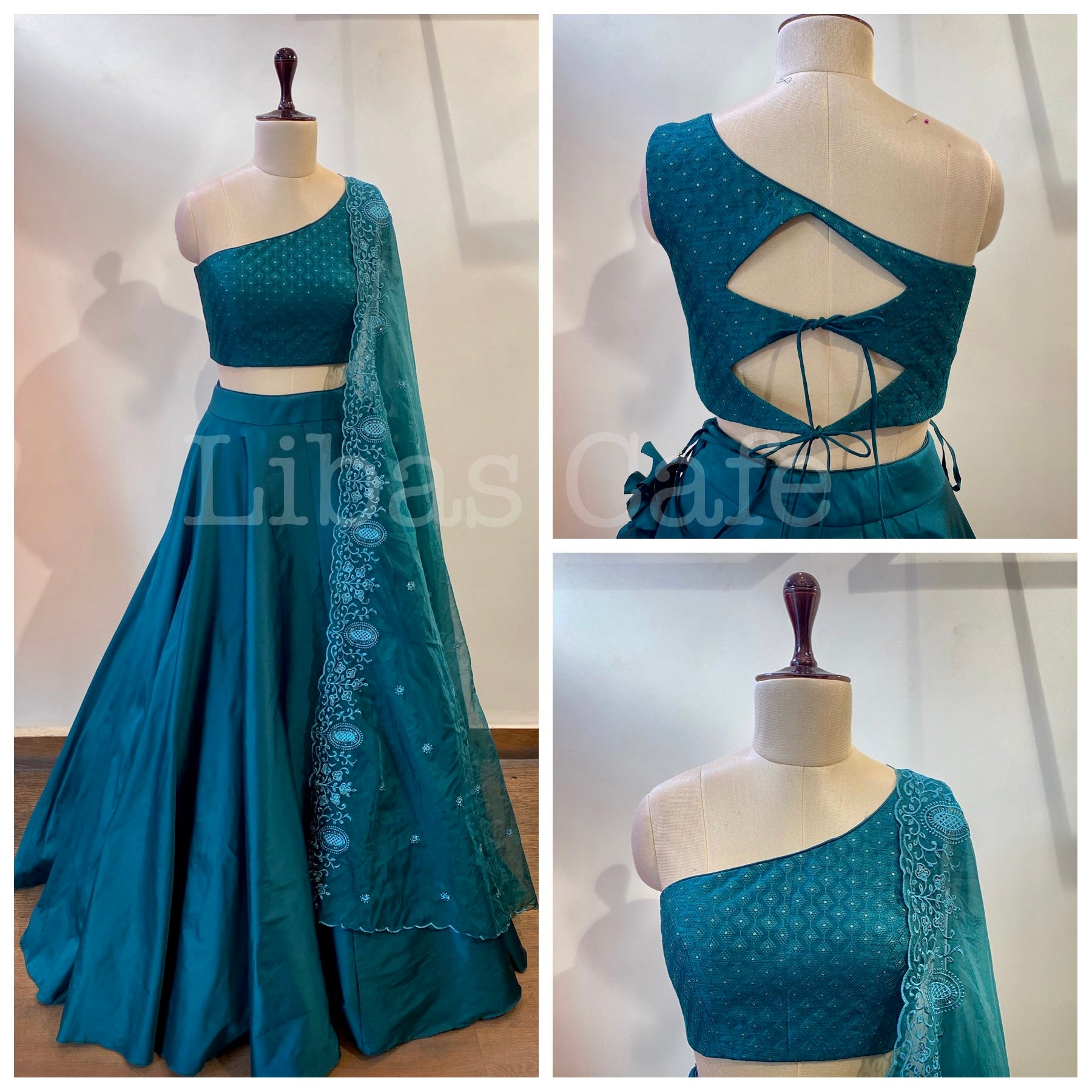 Bottle Green One Shoulder Silk Lehenga